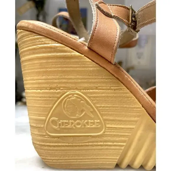 Vintage Cherokee Sandals Rubber Wedge Heel 1960-1970 Tan Orange Leather Size 7 - Picture 3 of 11